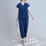 Linen Blend Casual V Neck Short Sleeve Two-piece Set - Image 2