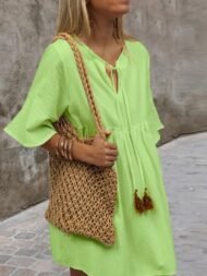Women's Dresses Loose V-Neck Belted Simple Short Sleeve Dress - Image 3