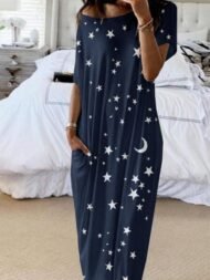 Star And Moon Print Short Sleeve Maxi Dress