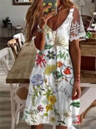 Women's Dresses Printed V-Neck Lace Sleeve Dress - Image 2