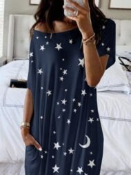 Star And Moon Print Short Sleeve Maxi Dress - Image 2