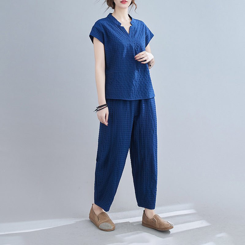 425F2739-9FA4-19D9-146D-D51A57D44E64.jpg Linen Blend Casual V Neck Short Sleeve Two-piece Set - Image 1