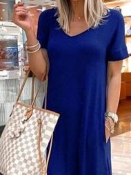 V-Neck Short Sleeve Casual Pocket Dress - Image 10