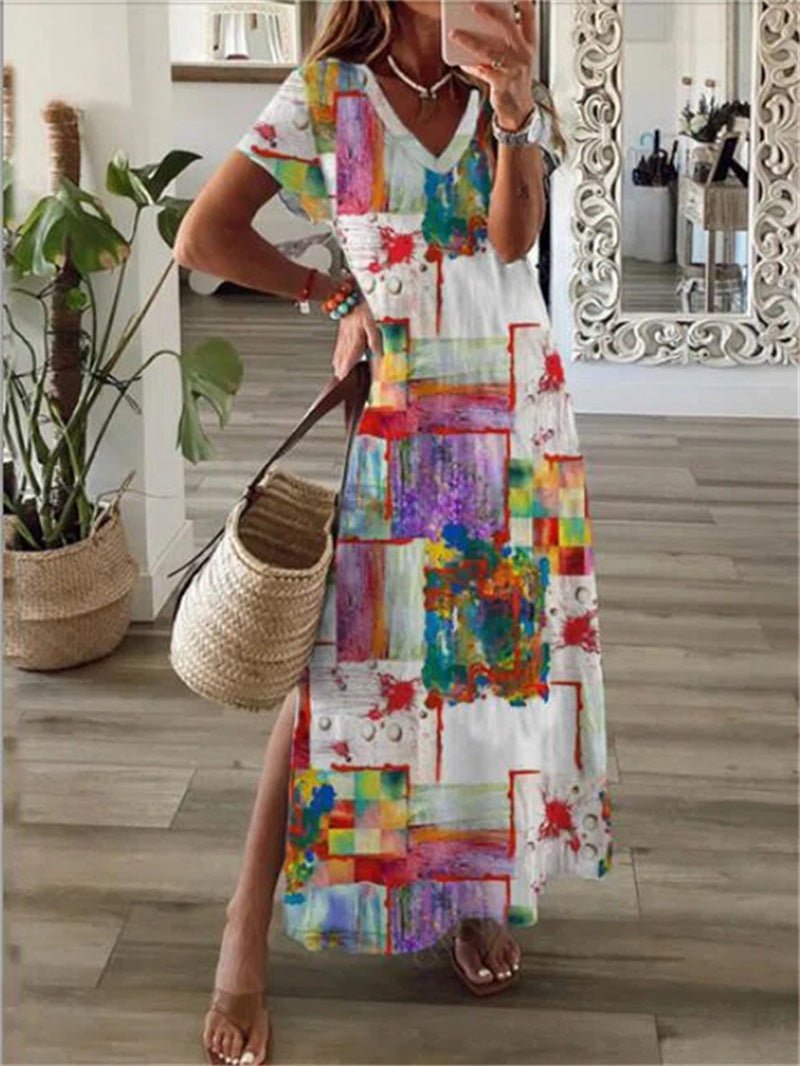 63FF1F8B-5365-680B-44F2-54803314835C.jpg Women's Dresses Printed V-Neck Short Sleeve Slit Dress - Image 1