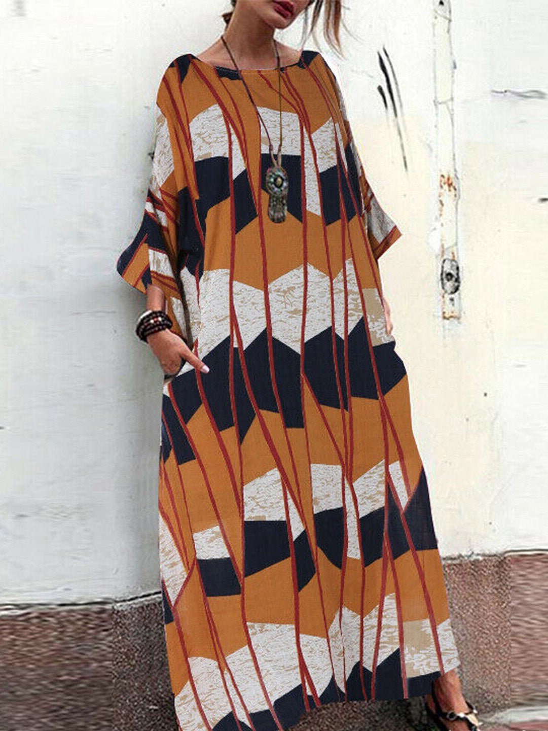 7BA5D1DB-EFF5-E650-7453-4BE77B744C37.jpg Women's Dresses Loose Printed Pockets Three-Quarter Sleeve Dress - Image 1