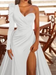 Women's Dresses Long Sleeve One Shoulder High Slit Party Evening Dress - Image 3