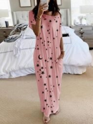 Star And Moon Print Short Sleeve Maxi Dress - Image 6