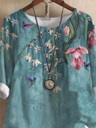 Crew Neck Floral Print Short Sleeve Blouse - Image 2