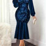 Women's Dresses V-Neck Spliced Shiny Long Sleeve Mermaid Dress