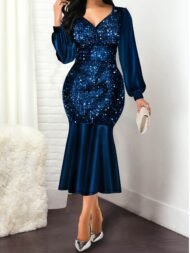 Women's Dresses V-Neck Spliced Shiny Long Sleeve Mermaid Dress