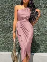 Elegant Slanted Shoulder Sleeveless Long Dress - Image 5