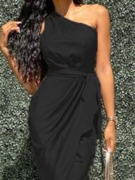Elegant Slanted Shoulder Sleeveless Long Dress - Image 10