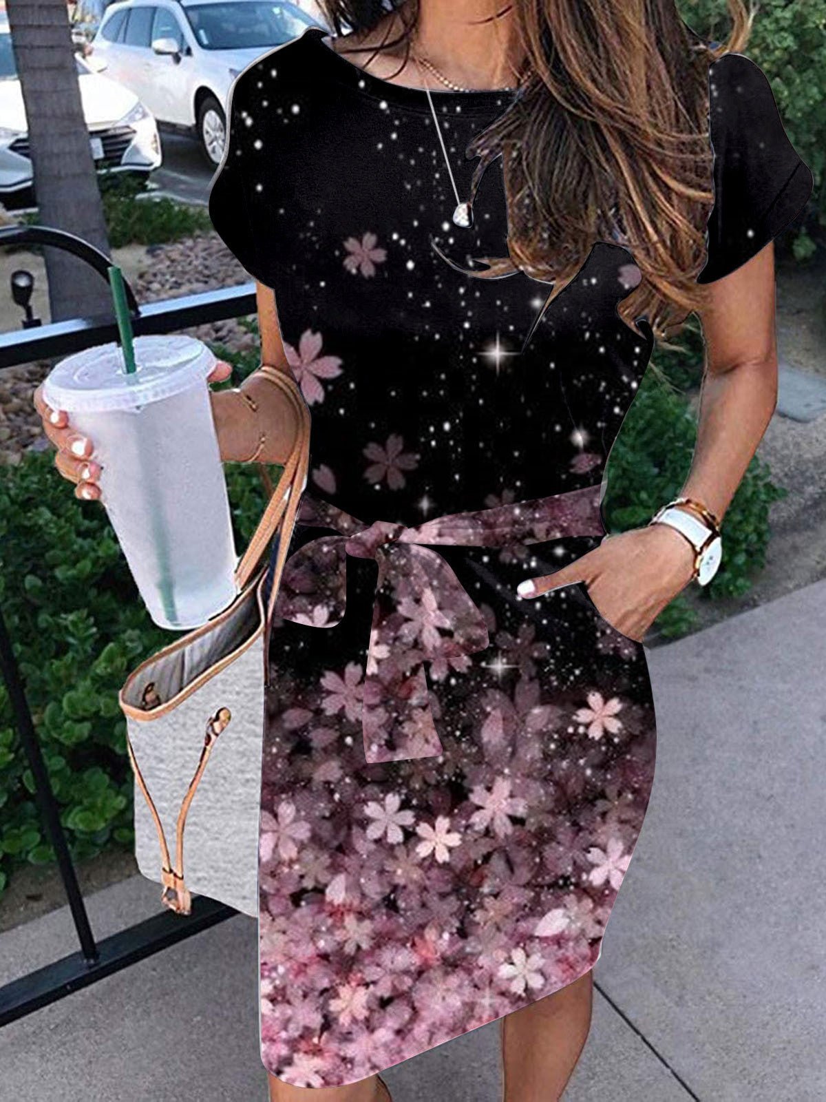 A380B60B-006C-EA1E-C50F-366709533431.jpg Women's Dresses Printed Belted Pocket Short Sleeve Dress - Image 1