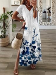 Women's Dresses Printed V-Neck Short Sleeve Slit Dress - Image 4