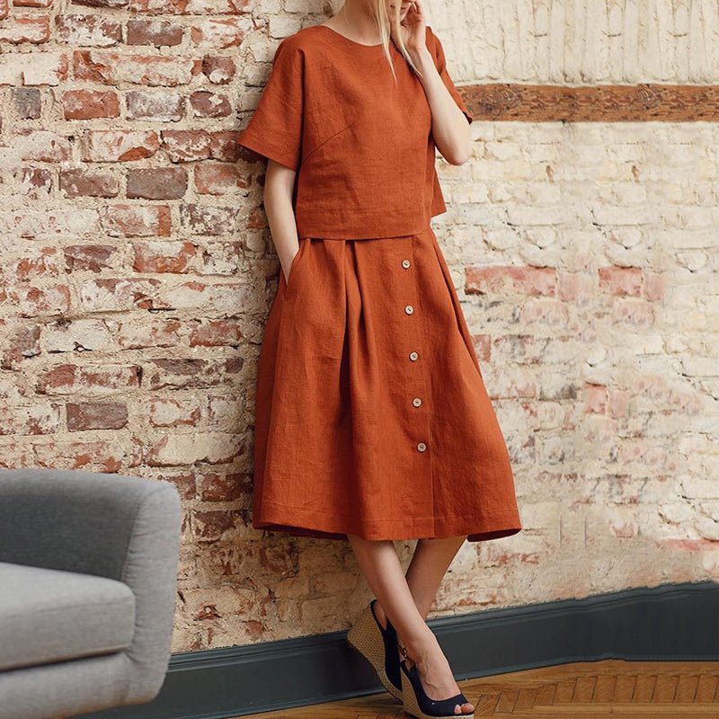 ABA84BC6-14EE-C4C2-5359-D8C64B4B0645.jpg Linen Blend Short Sleeve T-shirt & Skirt Two-piece Set - Image 1