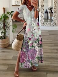 Women's Dresses Printed V-Neck Short Sleeve Slit Dress - Image 2