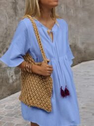 Women's Dresses Loose V-Neck Belted Simple Short Sleeve Dress - Image 2