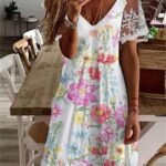 Women's Dresses Printed V-Neck Lace Sleeve Dress