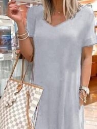 V-Neck Short Sleeve Casual Pocket Dress - Image 7