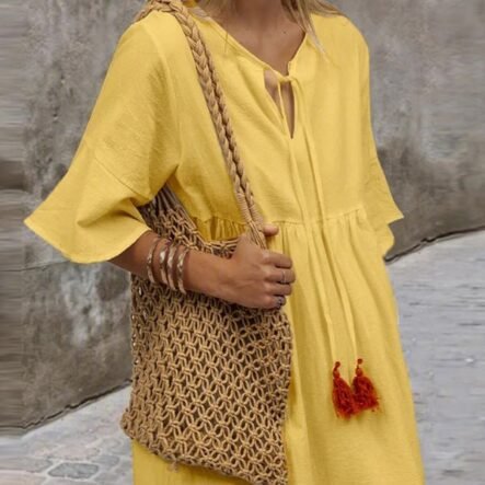 Women's Dresses Loose V-Neck Belted Simple Short Sleeve Dress