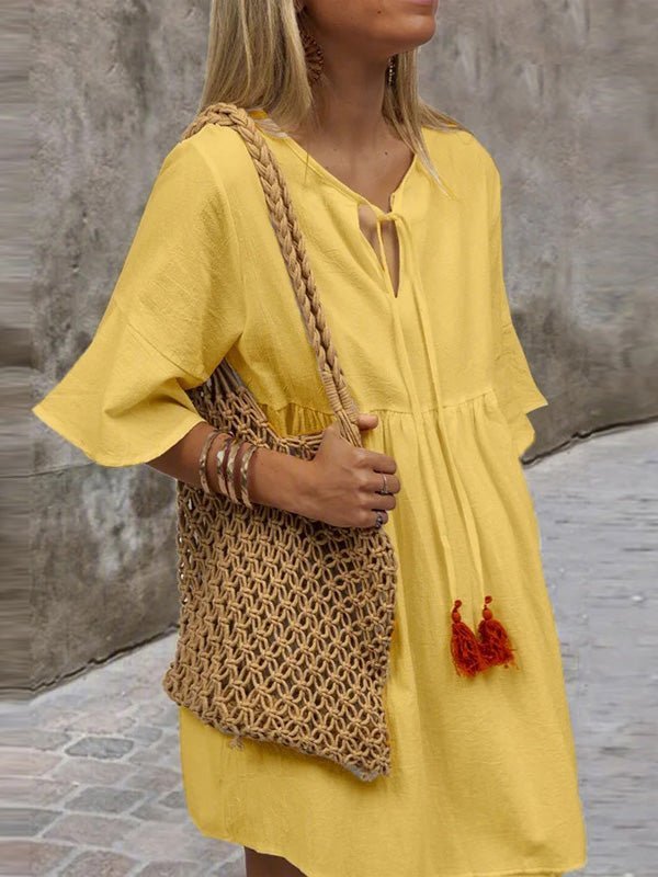 F62DEA4D-E657-5F1A-A619-CE3B12D8D46F.jpg Women's Dresses Loose V-Neck Belted Simple Short Sleeve Dress - Image 1