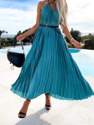 Women's Dresses Solid V-Neck Pleated Sleeveless Dress - Image 3