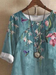 Crew Neck Floral Print Short Sleeve Blouse